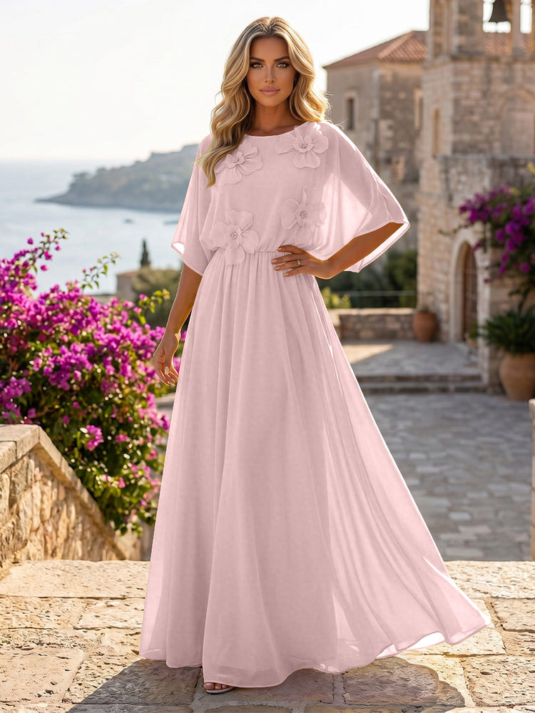 Chiffon A-Line Crew Neck Formal Dresses with 3D Flowers