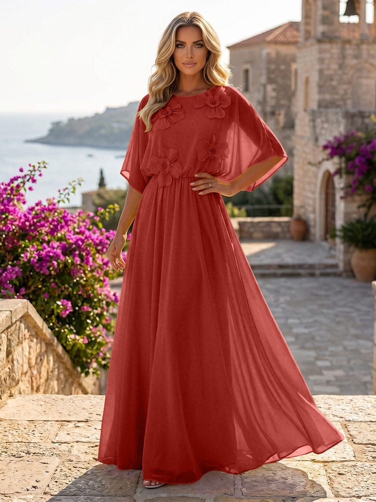 Chiffon A-Line Crew Neck Formal Dresses with 3D Flowers