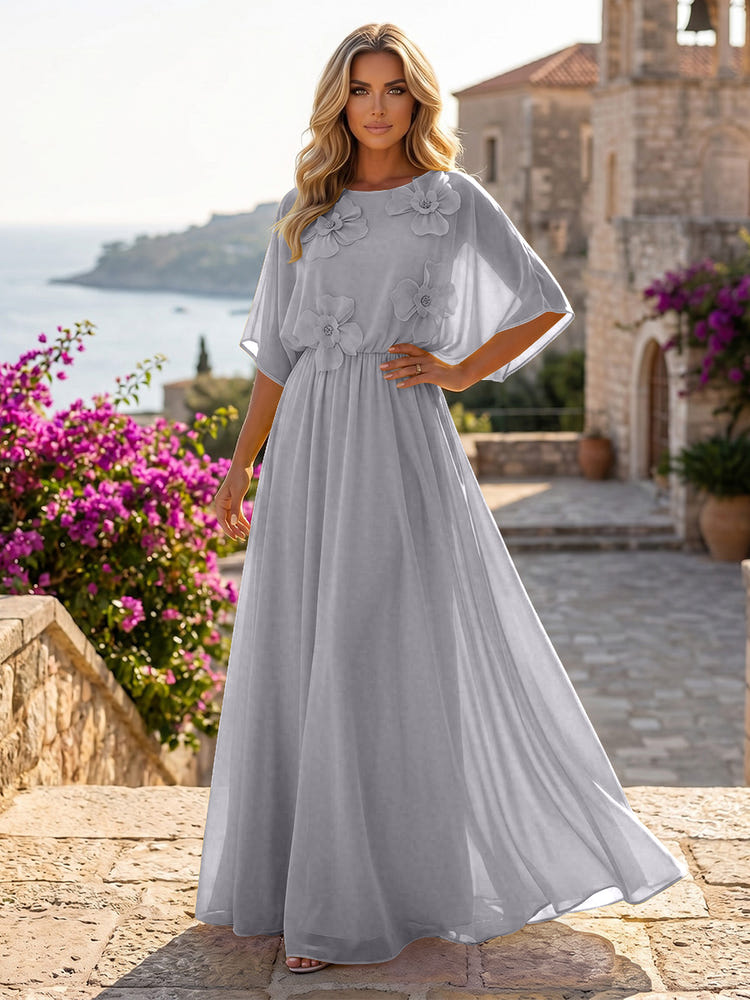Chiffon A-Line Crew Neck Formal Dresses with 3D Flowers