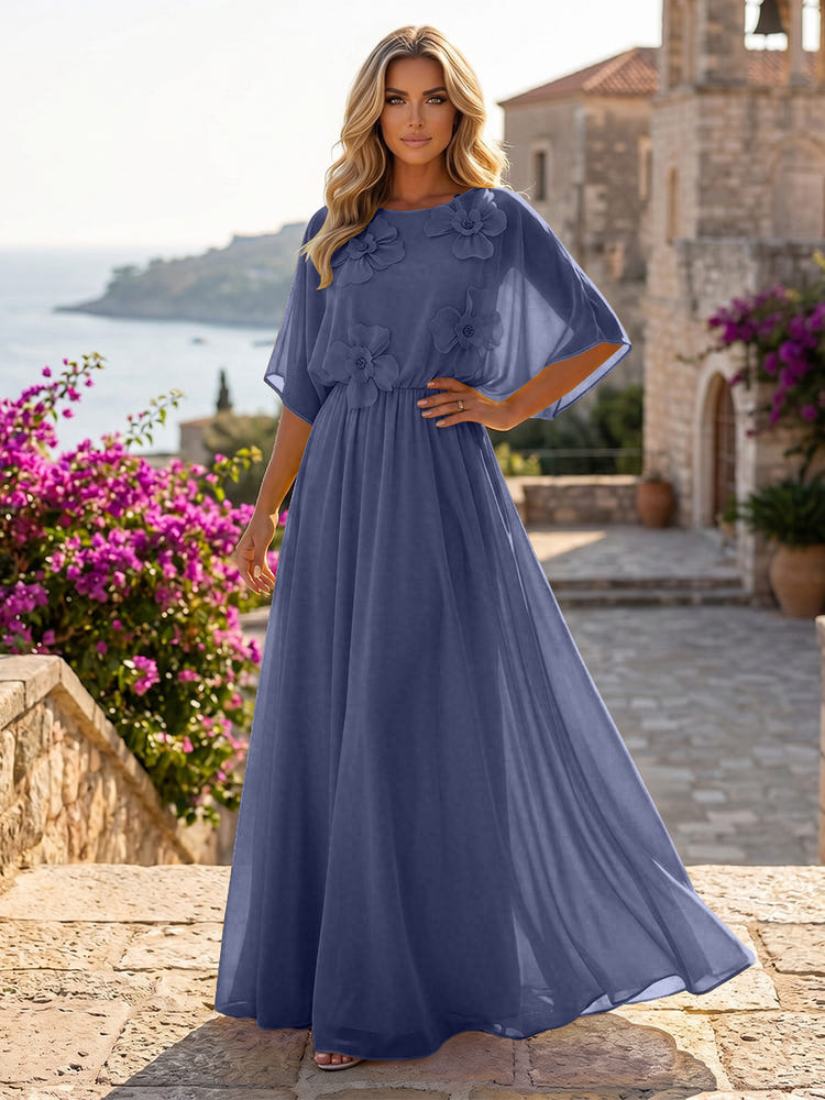 Chiffon A-Line Crew Neck Formal Dresses with 3D Flowers