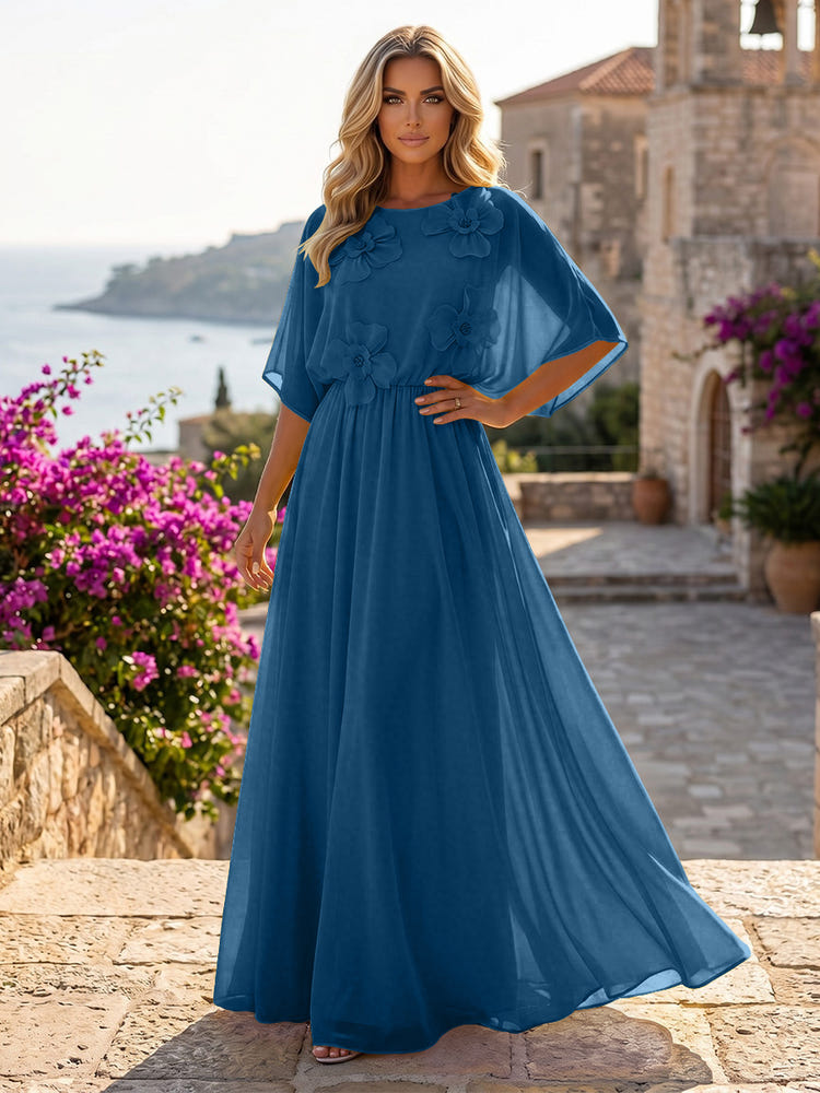 Chiffon A-Line Crew Neck Formal Dresses with 3D Flowers