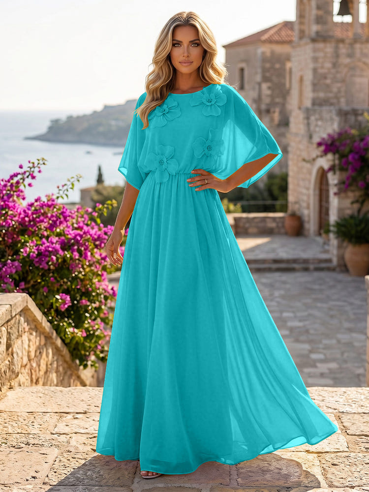 Chiffon A-Line Crew Neck Formal Dresses with 3D Flowers
