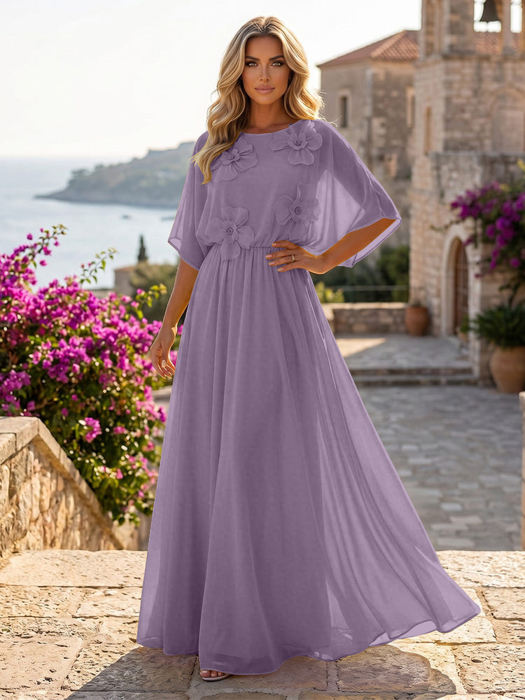 Chiffon A-Line Crew Neck Formal Dresses with 3D Flowers