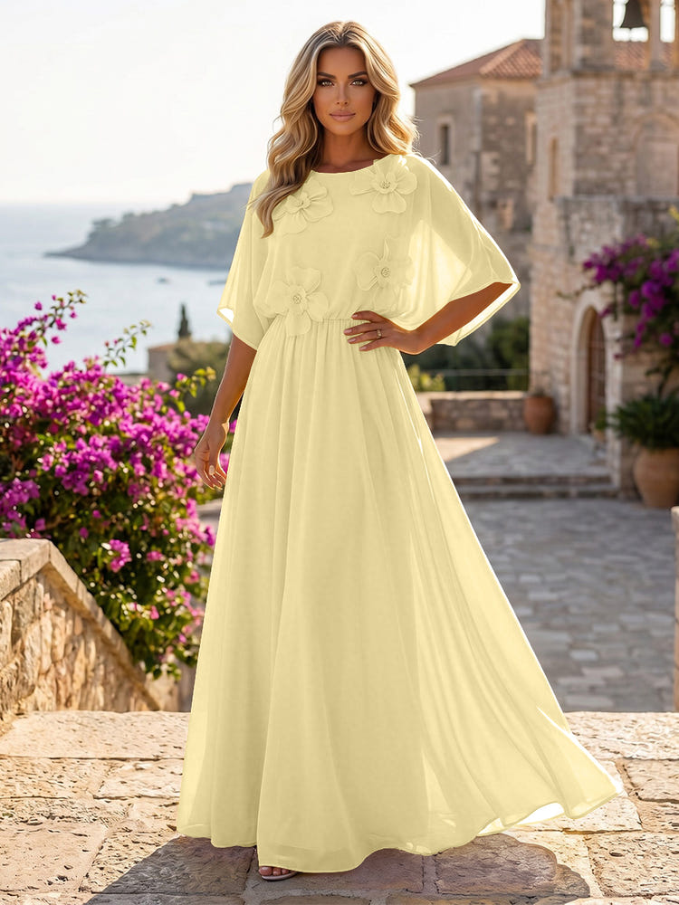 Chiffon A-Line Crew Neck Formal Dresses with 3D Flowers