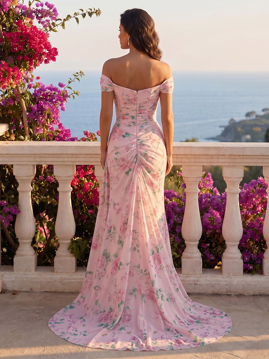 Chiffon Mermaid Off the Shoulder Formal Dresses with Floral Print