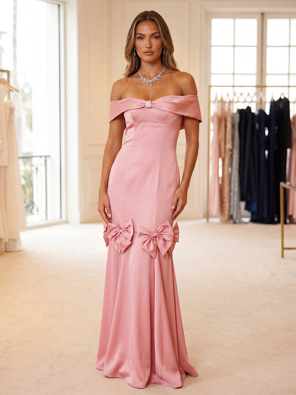 Satin Mermaid Off the Shoulder Formal Dresses with Bow