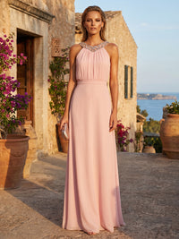 Chiffon A-Line Asymmetric Neck Formal Dresses with Rhinestone