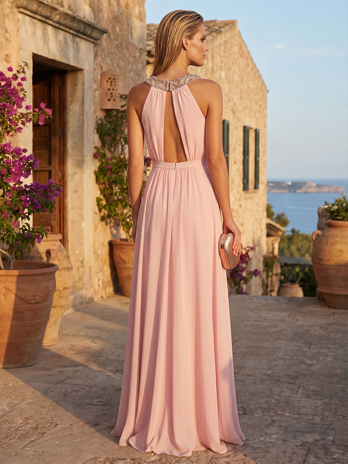 Chiffon A-Line Asymmetric Neck Formal Dresses with Rhinestone