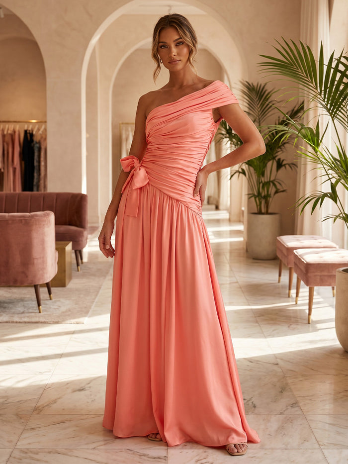 Satin A-Line One Shoulder Delicate Pleated Formal Dresses