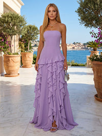 Chiffon A-Line Strapless Formal Dresses with Ruffles