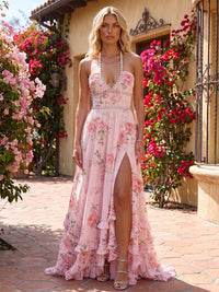 Chiffon Mermaid Halter Formal Dresses with Floral Print
