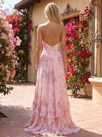 Chiffon Mermaid Halter Formal Dresses with Floral Print