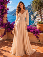 Long Sleeve Chiffon A-Line V Neck Mother of the Bride Dresses with Applique