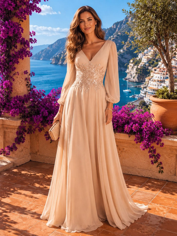 Long Sleeve Chiffon A-Line V Neck Mother of the Bride Dresses with Applique