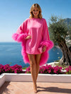 Satin High Low Crew Neck Formal Dresses with Feather