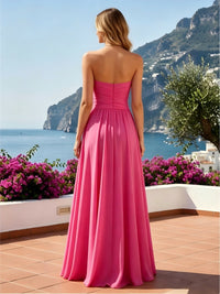 Satin A-Line Strapless Delicate Pleated Formal Dresses
