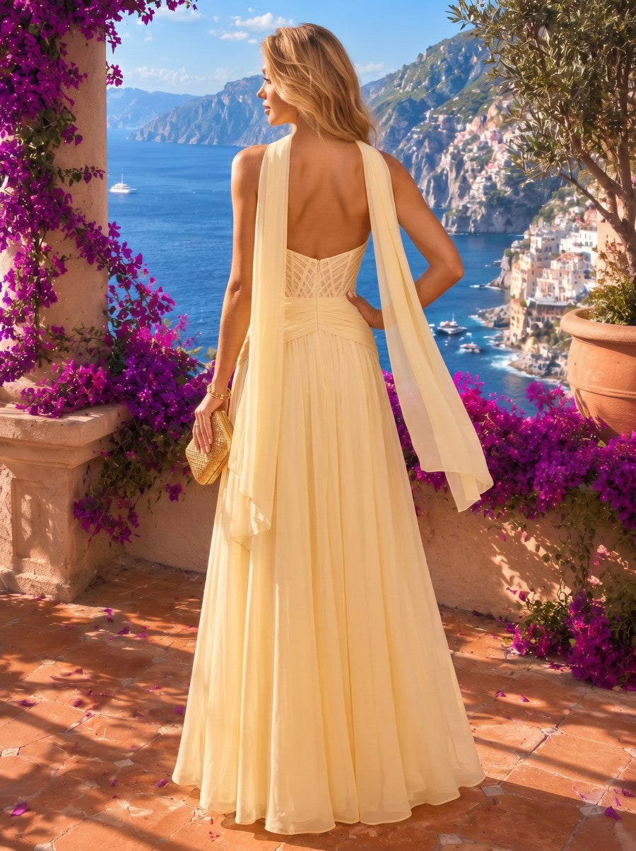 Chiffon A-Line Strapless Delicate Pleated Formal Dresses