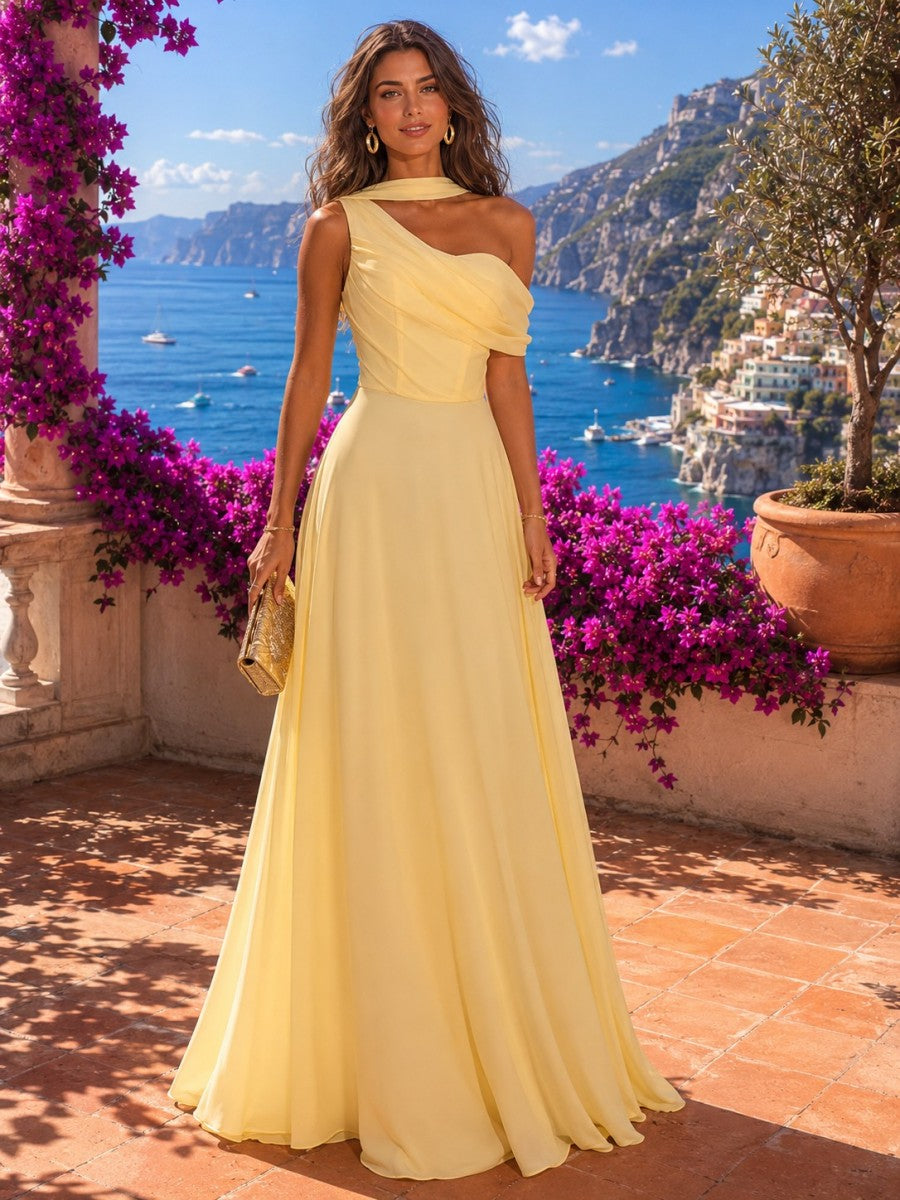 Chiffon A-Line One Shoulder Pleated Formal Dresses
