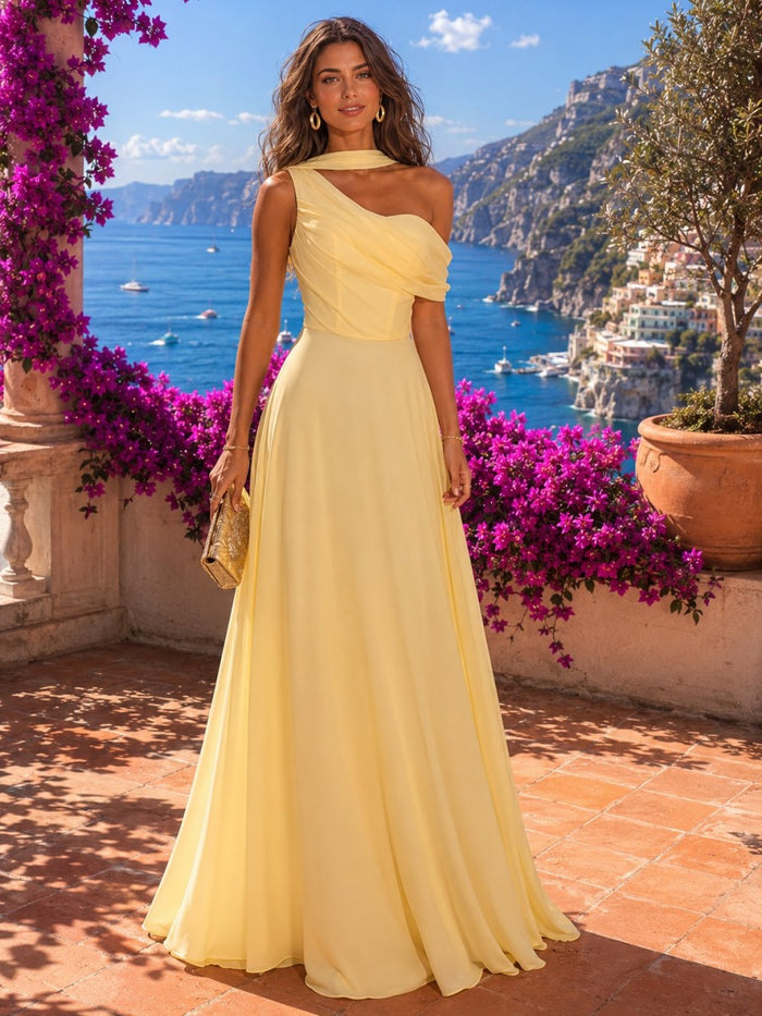 Chiffon A-Line One Shoulder Pleated Formal Dresses