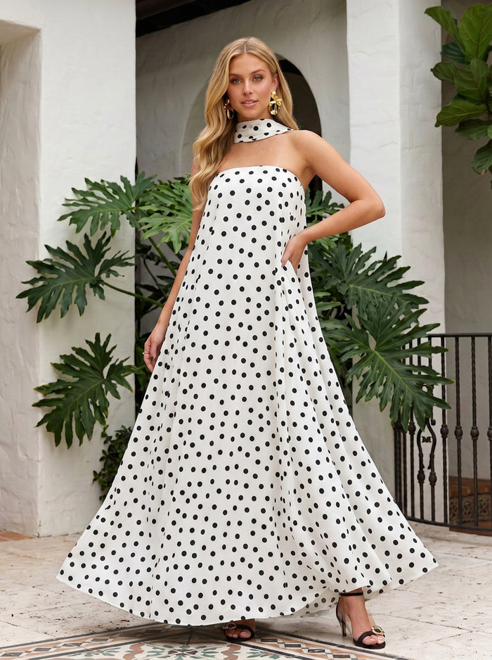 Satin A-Line Strapless Polka Dot Formal Dresses