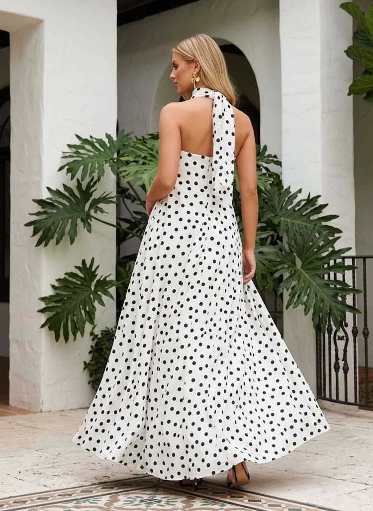 Satin A-Line Strapless Polka Dot Formal Dresses