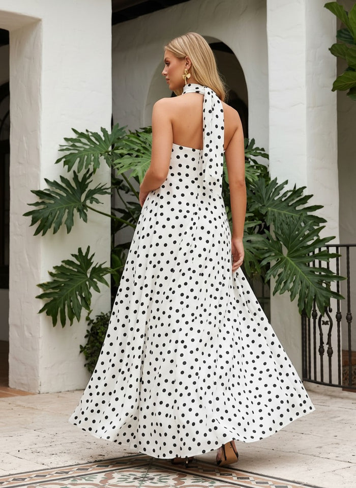 Satin A-Line Strapless Polka Dot Formal Dresses
