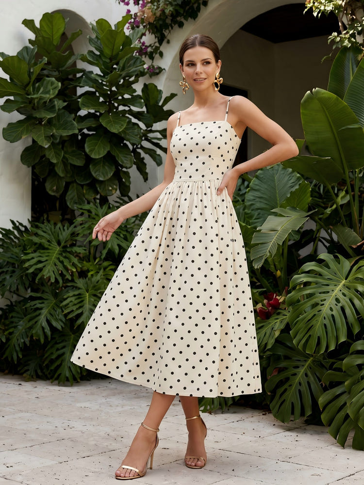Satin A-Line Spaghetti Straps Polka Dot Formal Dresses