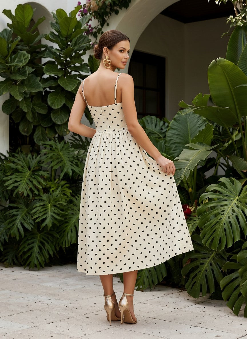 Satin A-Line Spaghetti Straps Polka Dot Formal Dresses