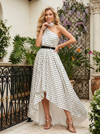 Satin High Low Halter Polka Dot Formal Dresses