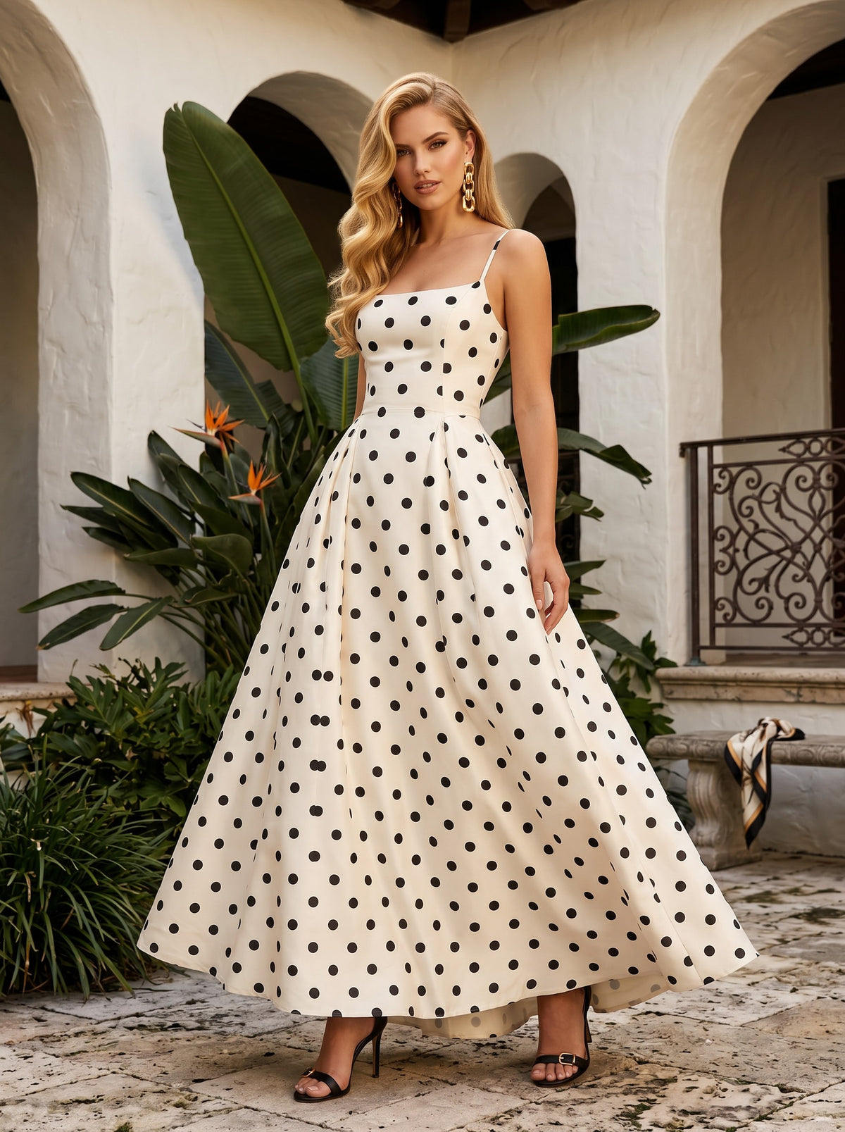 Satin A-Line Spaghetti Straps Polka Dot Formal Dresses