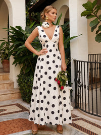 Satin A-Line V Neck Polka Dot Formal Dresses