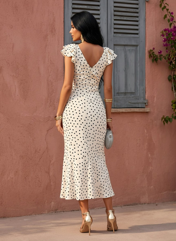 Satin Mermaid V Neck Polka Dot Formal Dresses