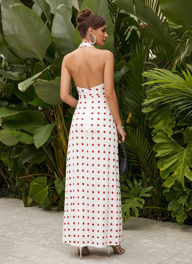 Satin Sheath Halter Polka Dot Formal Dresses