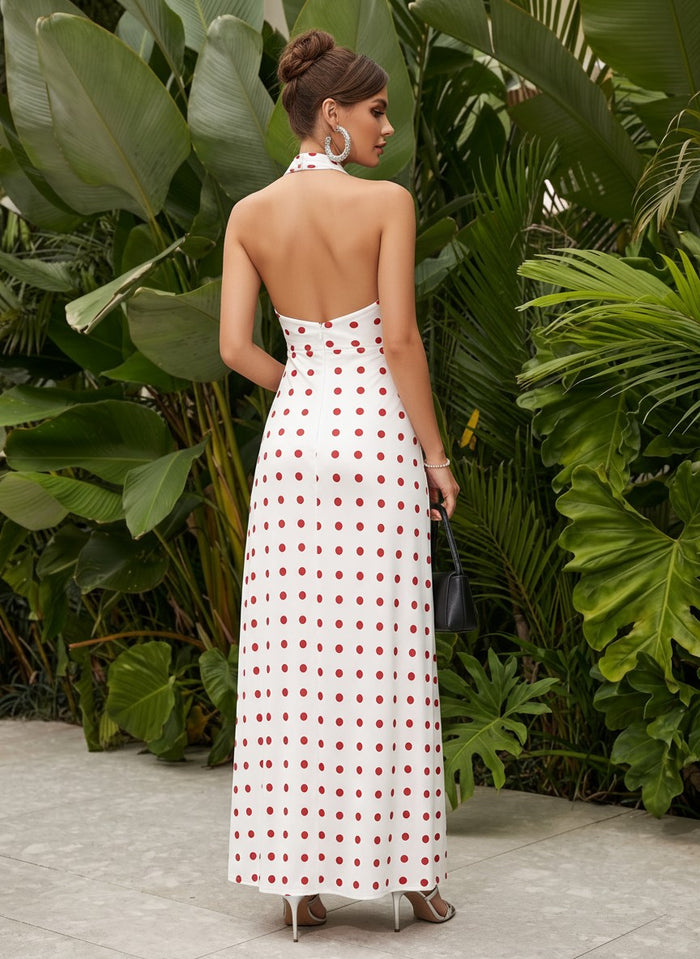 Satin Sheath Halter Polka Dot Formal Dresses