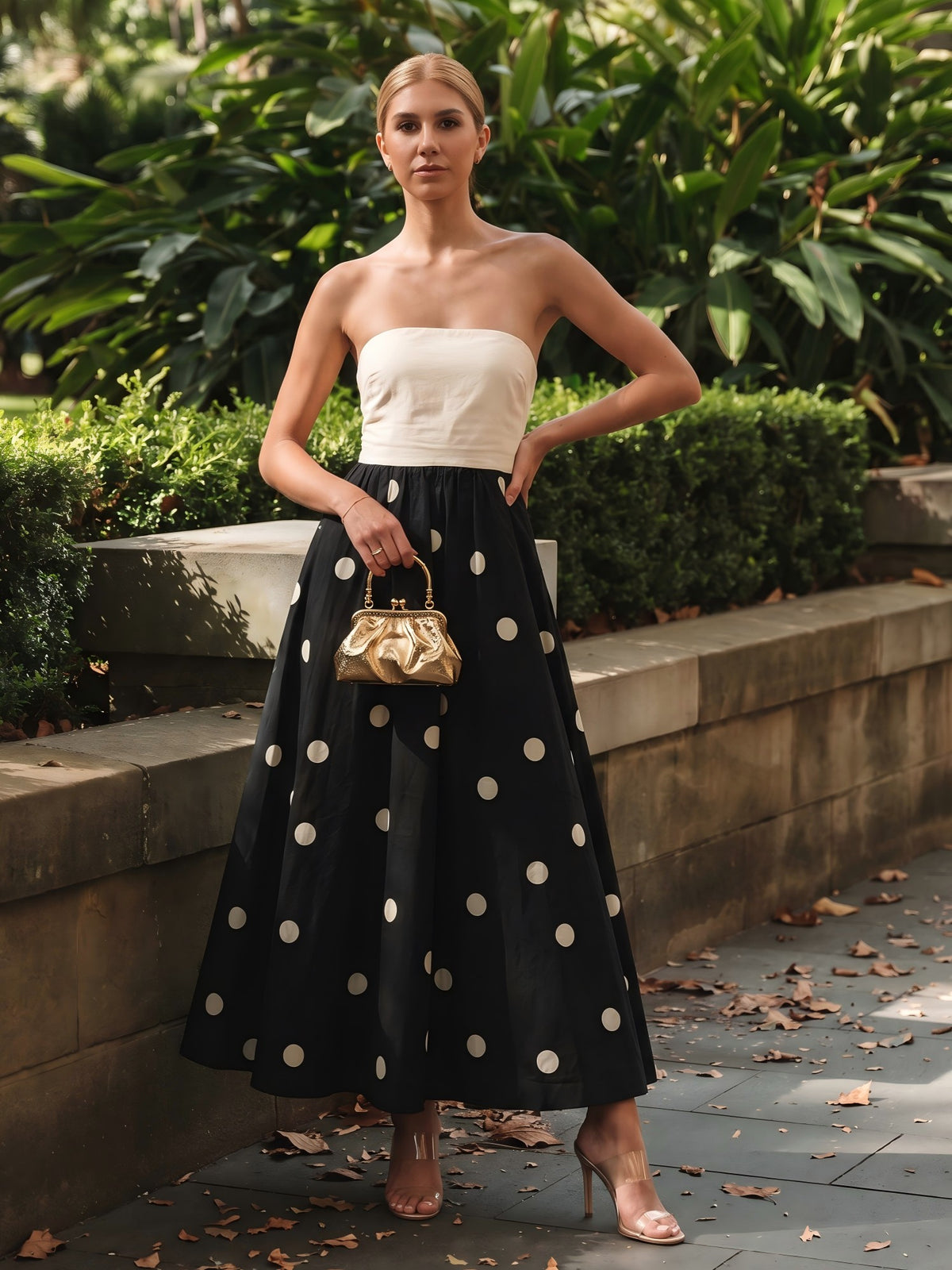 Satin A-Line Strapless Polka Dot Formal Dresses