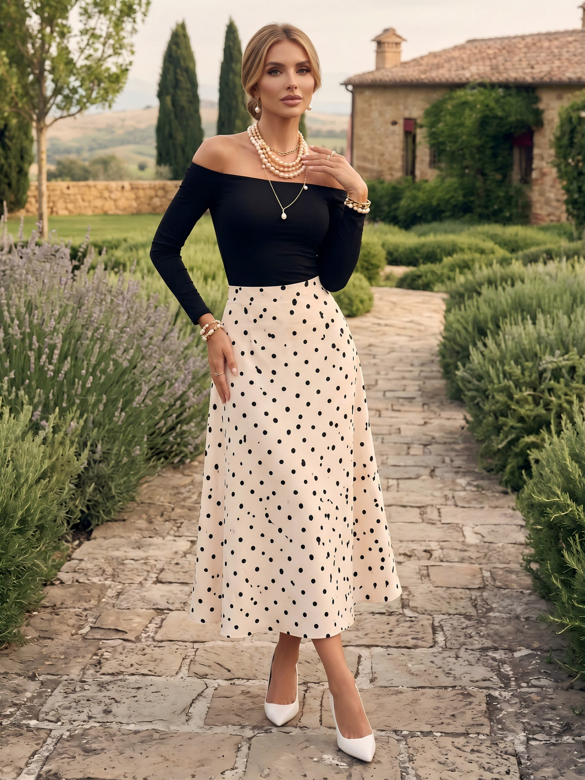 Chiffon A-Line Off the Shoulder Polka Dot Formal Dresses