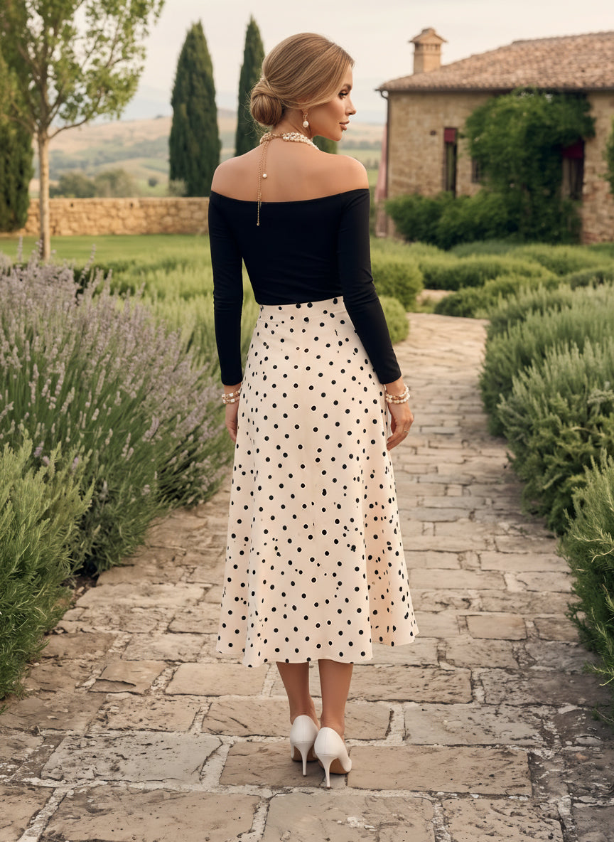 Chiffon A-Line Off the Shoulder Polka Dot Formal Dresses