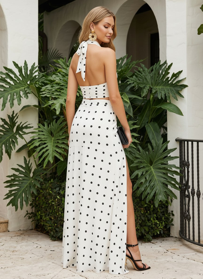 Chiffon Sheath Halter Polka Dot Formal Dresses