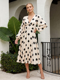 Satin A-Line V Neck Polka Dot Formal Dresses