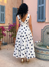 Satin A-Line V Neck Polka Dot Formal Dresses