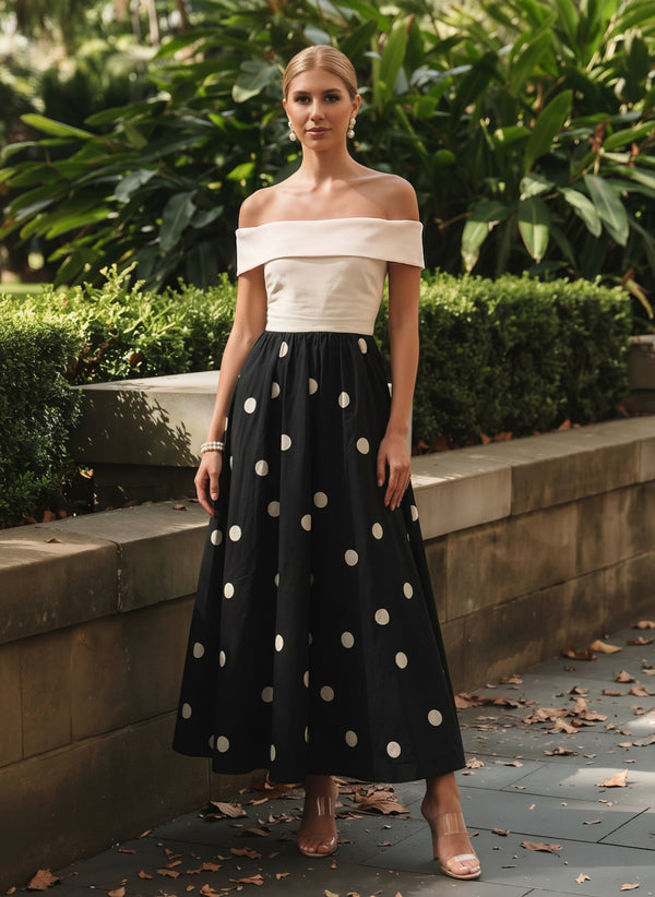 Satin A-Line Off the Shoulder Polka Dot Formal Dresses