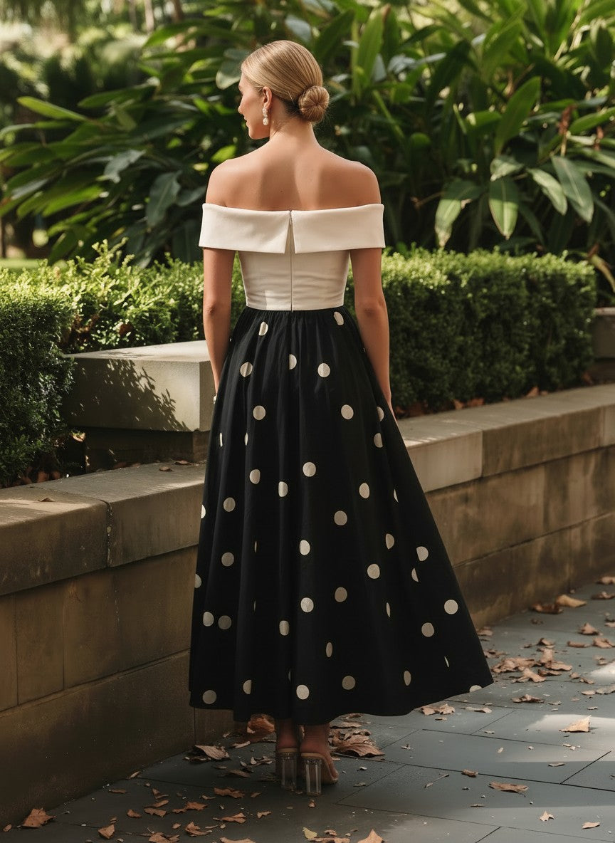 Satin A-Line Off the Shoulder Polka Dot Formal Dresses