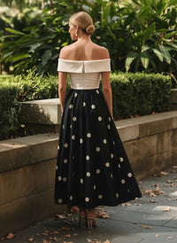 Satin A-Line Off the Shoulder Polka Dot Formal Dresses