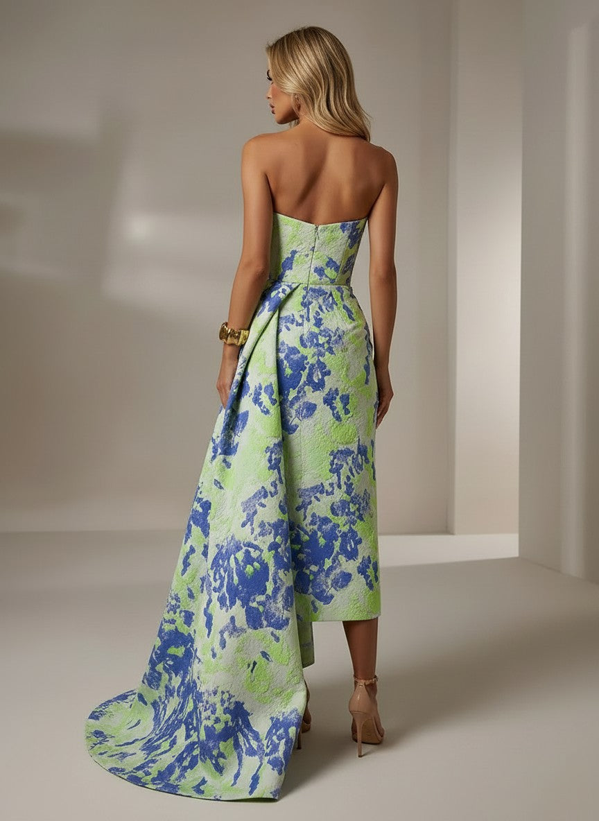 Jacquard Sheath Strapless Formal Dresses with Sash