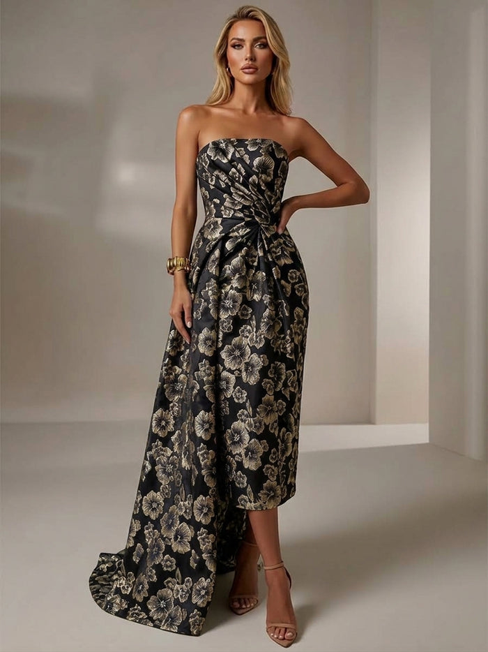 Elegant Empire Jacquard Tea Length Cocktail Dresses with Sash