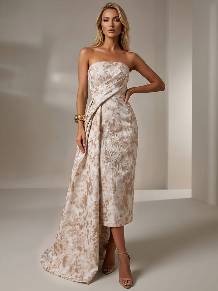 Jacquard Sheath Strapless Cocktail Dresses with Sash