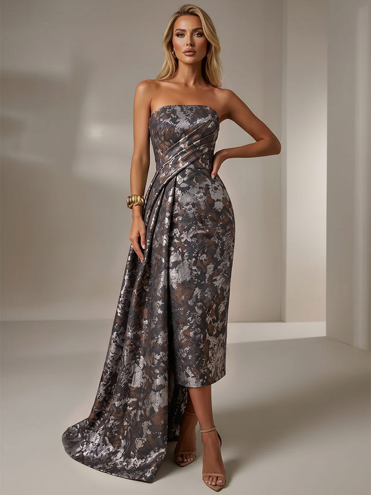 Jacquard Sheath Strapless Cocktail Dresses with Sash