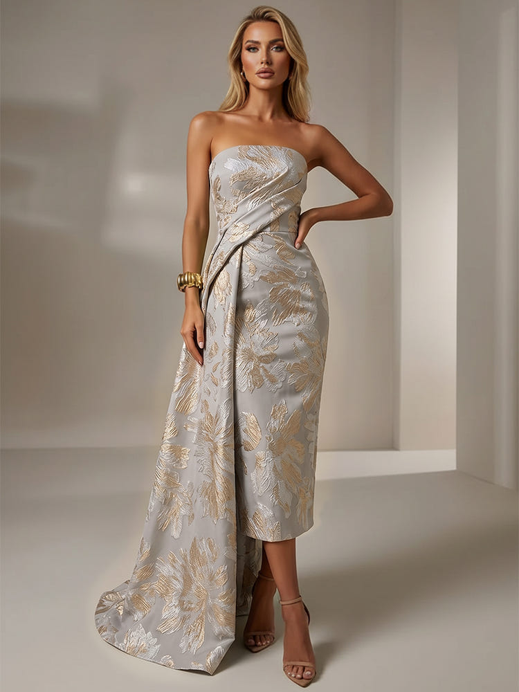 Jacquard Sheath Strapless Cocktail Dresses with Sash
