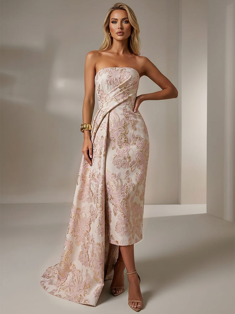 Jacquard Sheath Strapless Cocktail Dresses with Sash