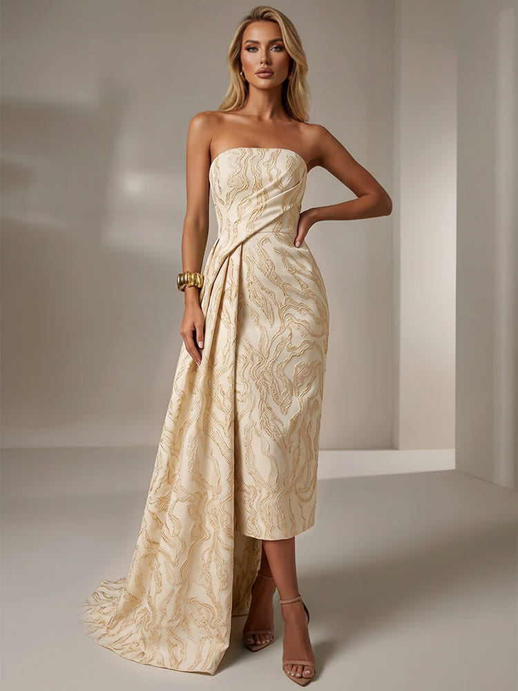 Jacquard Sheath Strapless Cocktail Dresses with Sash